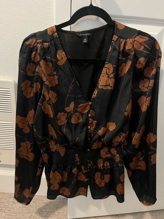 Banana Republic Tops - Banana Republic Black Satin Blouse with Brown Floral Print